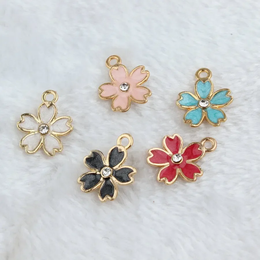 10pcs Golden Edging Petals Enameled 15*18mm Alloy Charm Necklace Pendants Jewelry Cherry Blossoms with Rhinestones Crafts