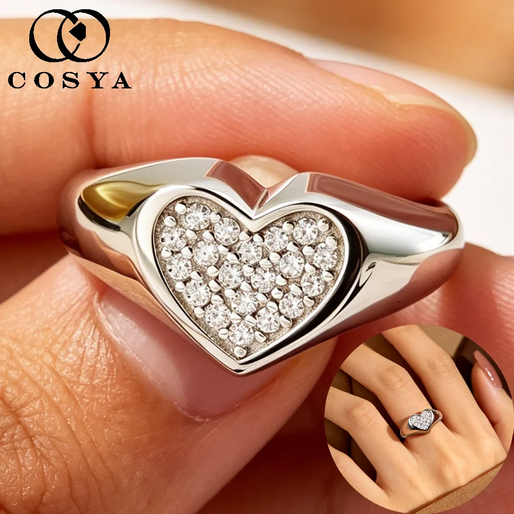 

COSYA Full 1.2mm Heart Shape Moissanite Rings for Women S925 Silver Pass Diamond Test Chunky Wide Wedding Band Fine Jewelry Gift