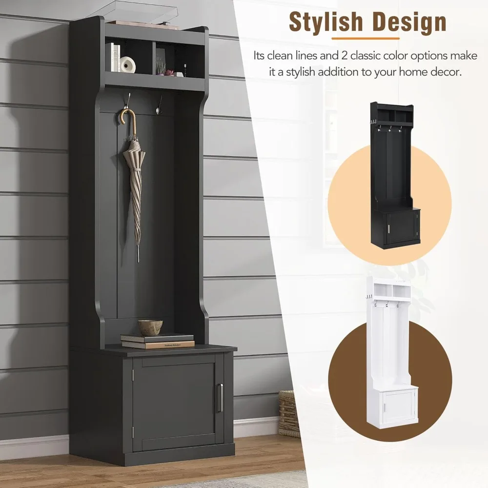 23.6" Coat Rack w/Storage Cabinet, Coat Rack with 6 Hanging Hooks, Multi-Functional Storage Bench with Open Shelves