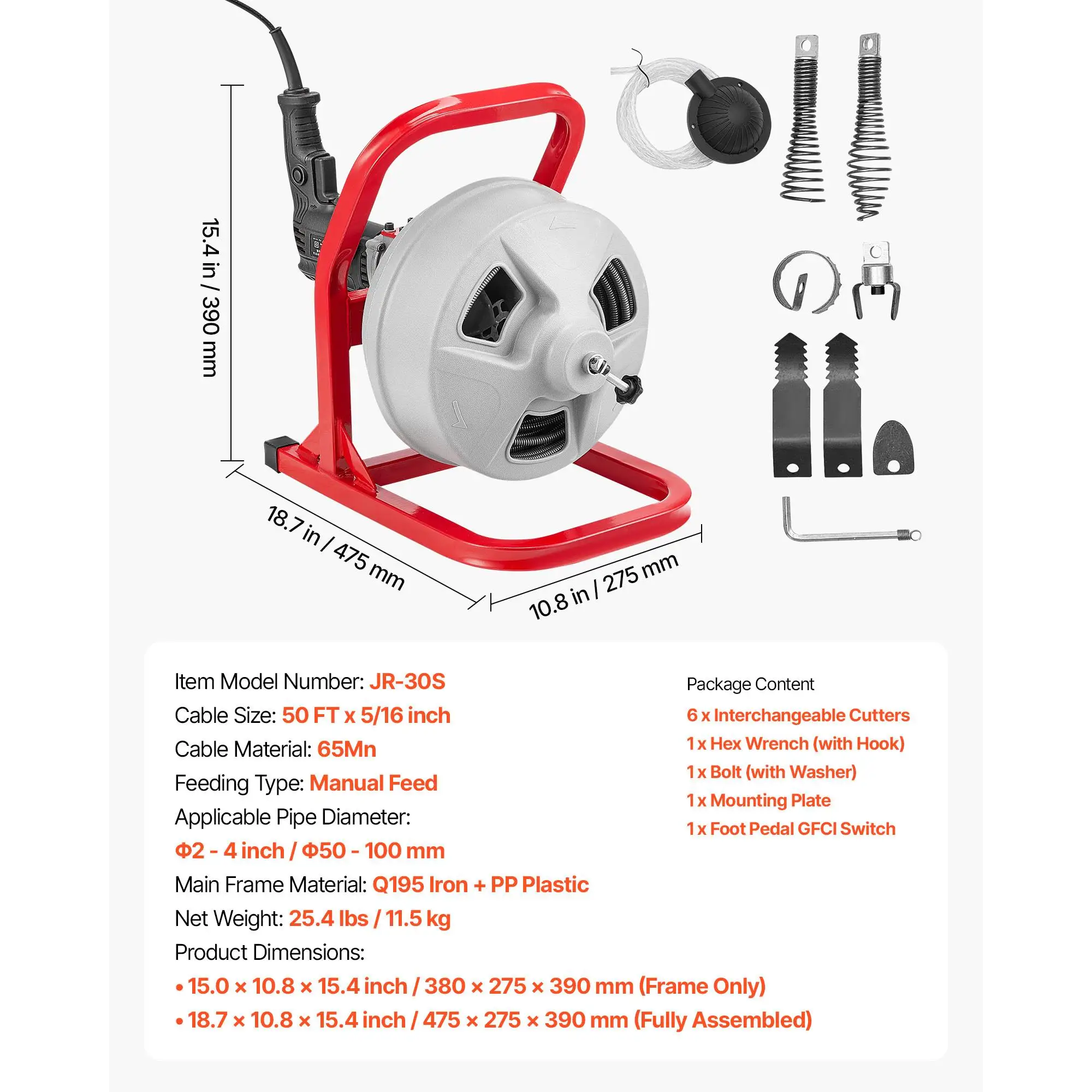 Drain Cleaner Machine 50 FT x 5/16 Inch Sewer Snake Auger with for 2 2 8RPM Electric Drill Manual Feed 6 Cutters Air Activated Foot Switch for 2 Inch to 4 Inch Pipes