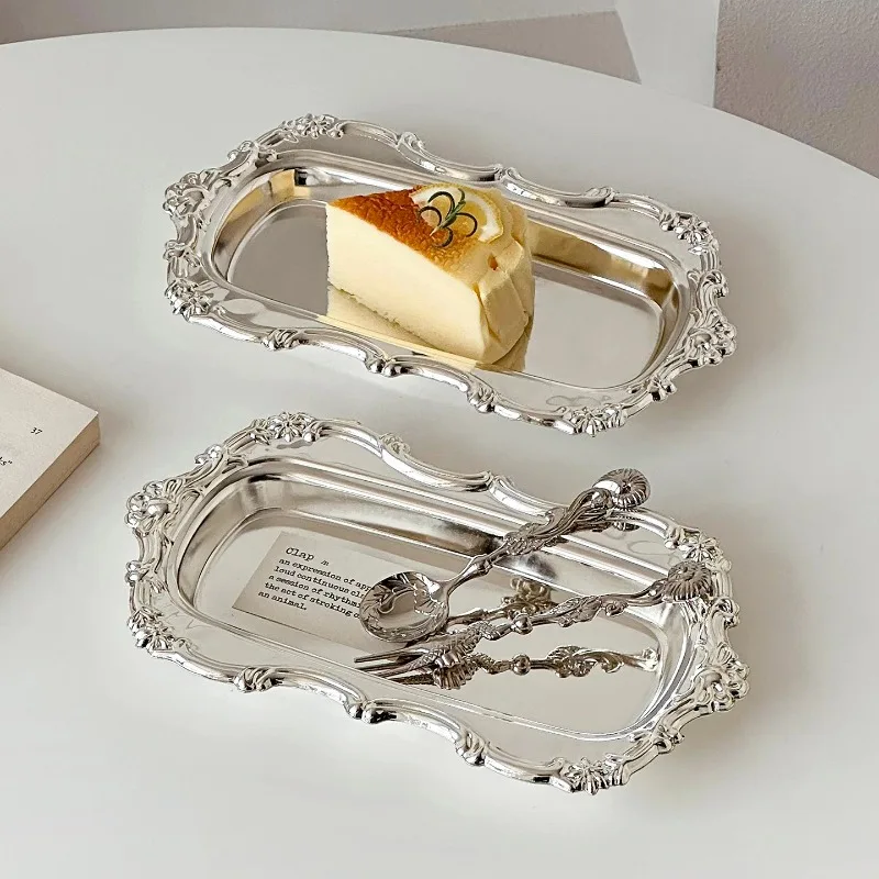 Nordic Vintage Cake Dessert Plates, Stainless Steel Palace Style Silver Trays, Tea Small Tray, Candle Storage Tray