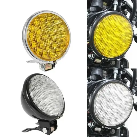 앰버 렌즈 12V LED 오토바이 헤드 라이트 라운드 레트로 할리 카페 레이서 Bobber 사용자 정의 범용 블랙 크롬 헤드 램프