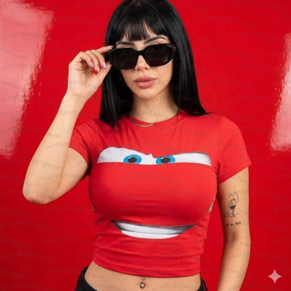 Sommer 2026 Damen Cartoon Rotes Auto Print Fußballtrikot Rundhals Kurzarm Trikot Cheerleader Crop Top Kinder Damen T-Shirt – Detail 4