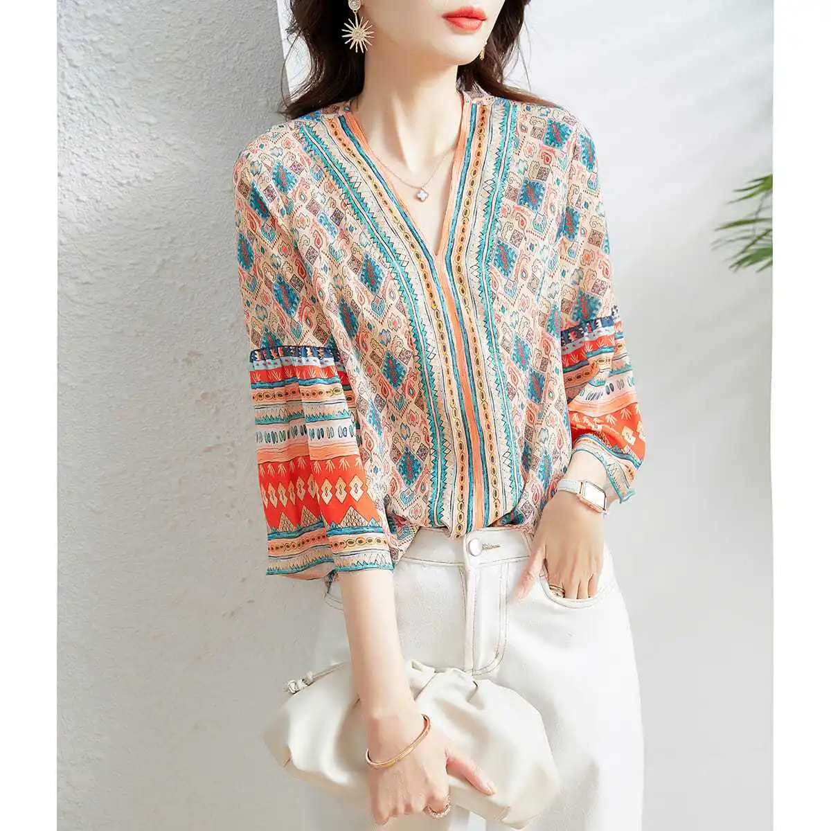 Vintage Female Clothing Ethnic Style Printed Chiffon Women's Tshirt Summer New V-neck Loose Flared Short Sleeve Fashion Tops