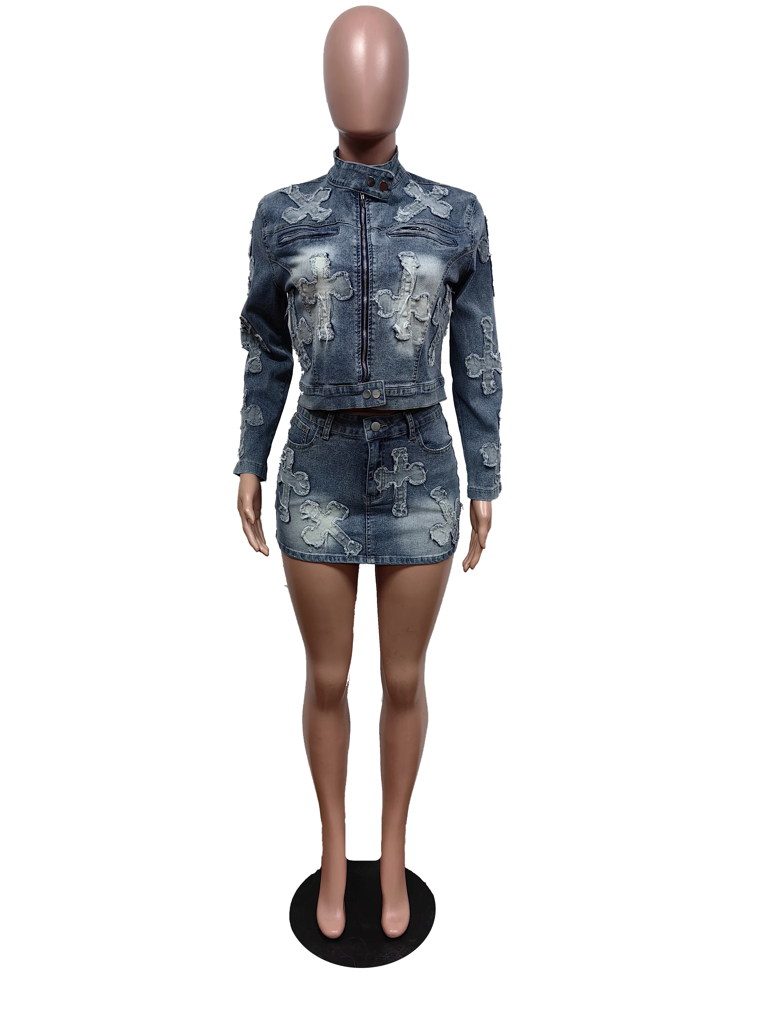 Casual denim two piece skirt sets with women short denim jacket and mini denim skirt