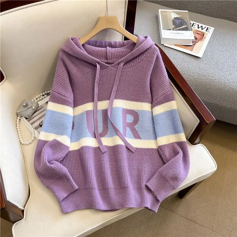 

Fashion Hooded Spliced Lace Up Letter Color Sweater Female Clothing 2023 Autumn Winter New Casual Pullovers All-match Tops