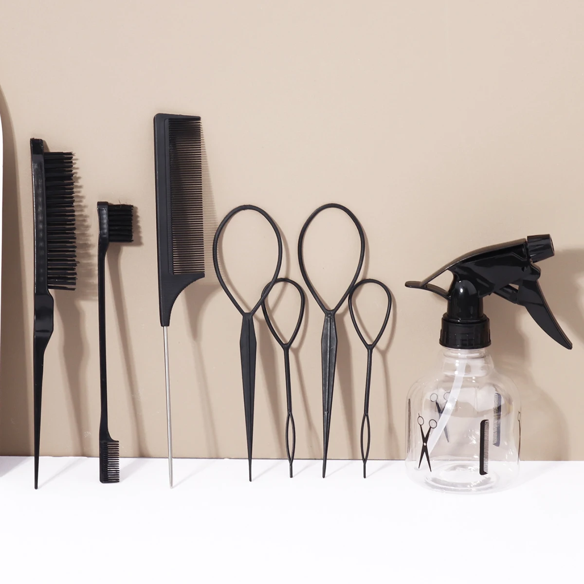 مجموعة أمشاط الشعر مكونة من 8 قطع، فرشاة حافة، فرشاة حافة مشط ذيل الماوس، مع أدوات النسيج وزجاجة الرش، خاصة للشعر المستعار الحقيقي