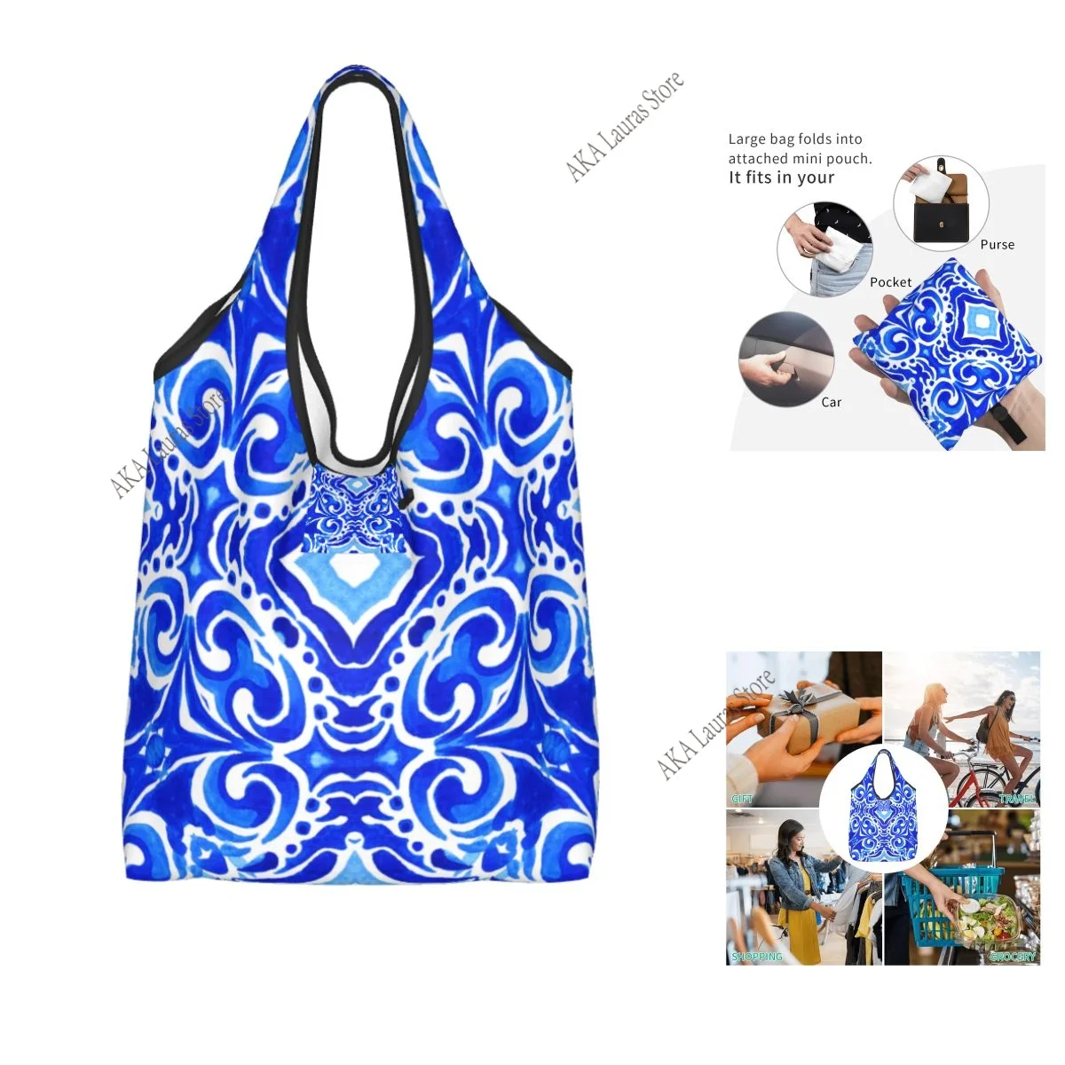 

Сумка на плечо, абстрактная сине-белая ручная работа, медальон, дамасская плитка, женская сумка, большая сумка, многоразовая большая сумка