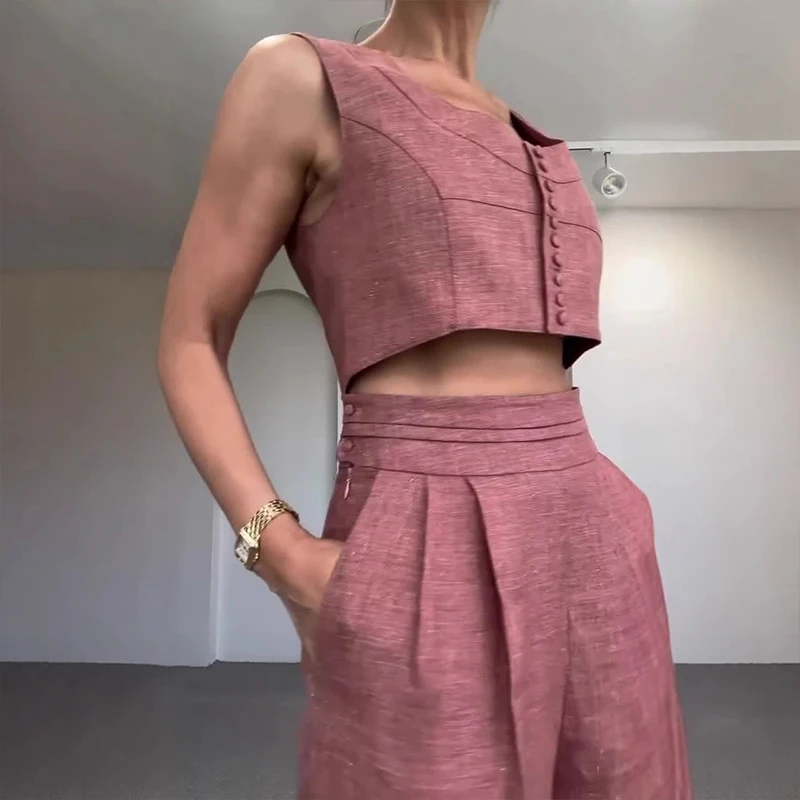 

Fashion O-neck Vest Tops and Long Pant Outfits Elegant Button Pocket Solid Two Piece Suit Women's Casual Sleeveless Commuter Set