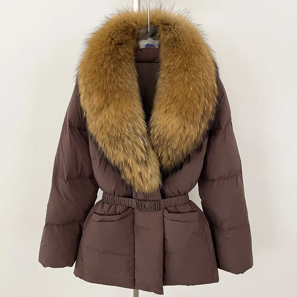 

Real Fox Fur collar Coat 2025 new Fashion Casual Parka White Duck Down Coat Winter Huge real fur collar Tuck waist Jacket Women