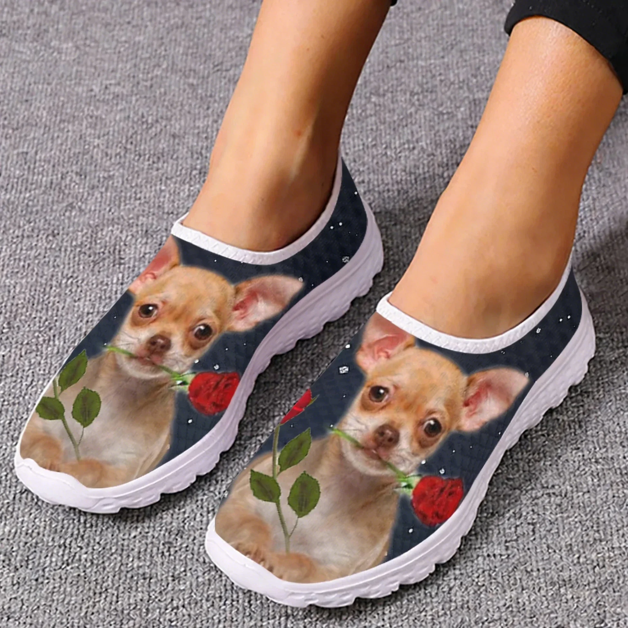 

Chihuahua Rose Flower Design Mesh High Quality Sneakers Women Men Teenager Casual Fashion Custom Made Tennis Flat Couple Shoes