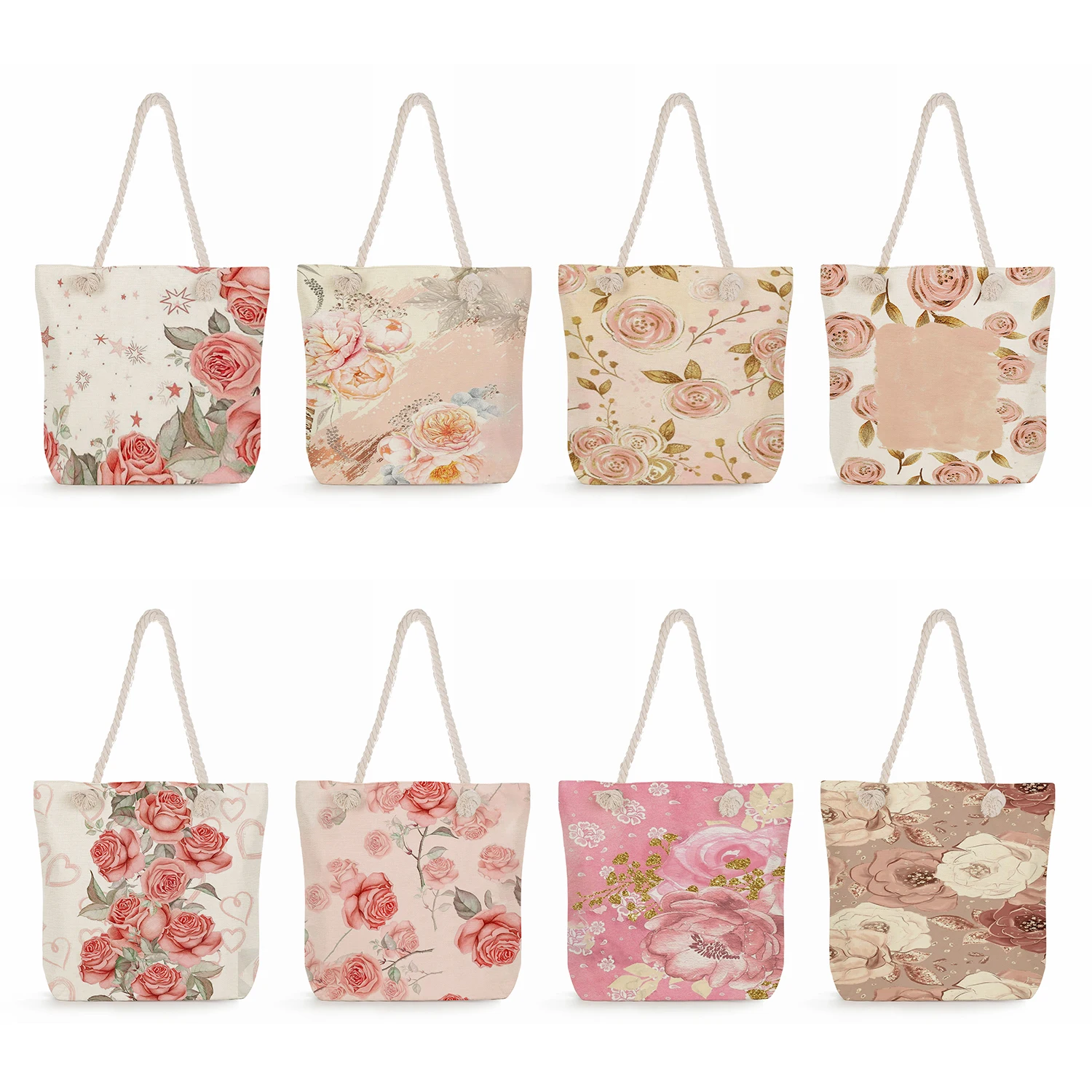 High Capacity Casual Pretty Rose Floral Print Handbags Shopping Bags Beach Bags Eco Reusable Thick Rope Portable Women Tote Bags