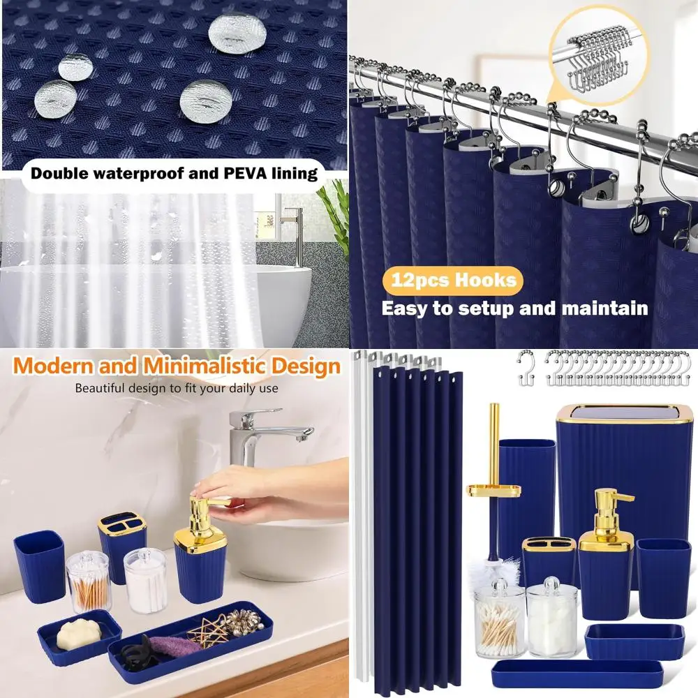 

Complete 23-Piece Navy Blue Bathroom Accessory Set with Shower Curtain, Waste Bin, Toothbrush Holder, Soap Dispenser, Cup, Vanit