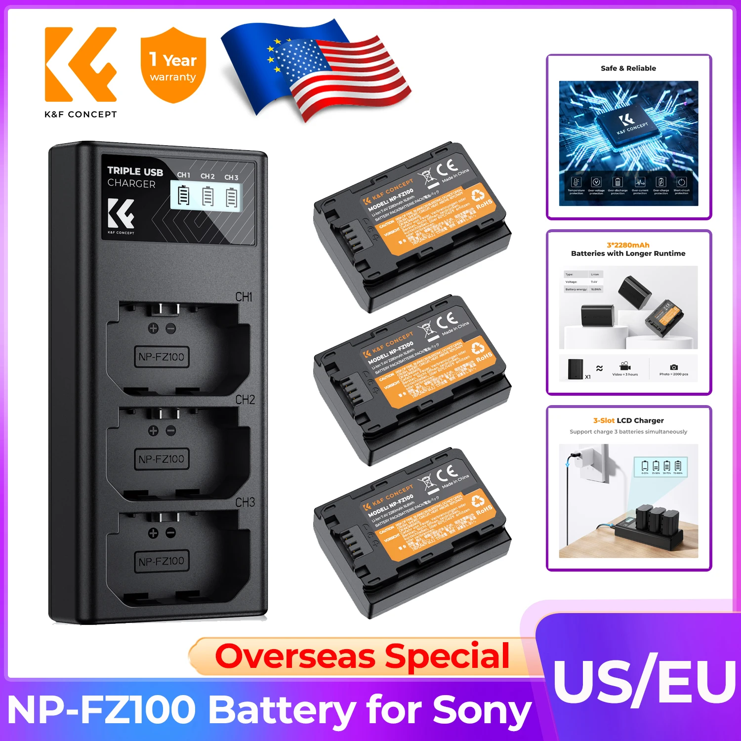 K&F CONCEPT NP-FZ100 Battery Charger Sets for Sony Alpha A7 III A7R III A7R3 A9 a6600 a7R IV Alpha a9 II USB Port Backup Battery