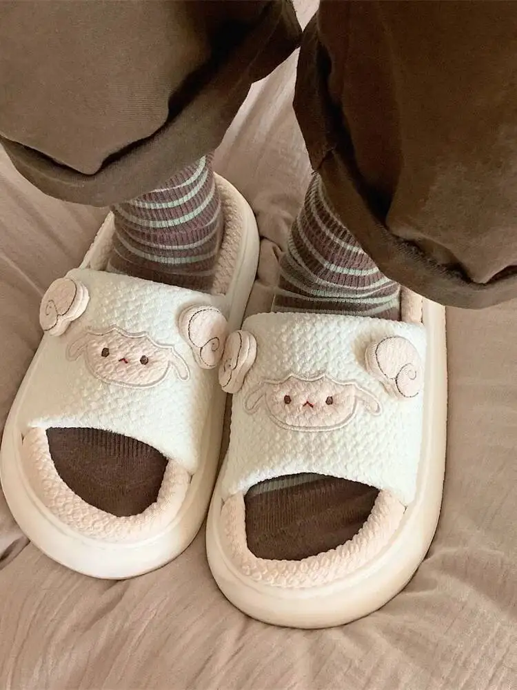 Soft Cute Lamb Linen Slippers Women's Ins Home Sweat Absorbing Soft Thick Sole All Season Floor Shoes