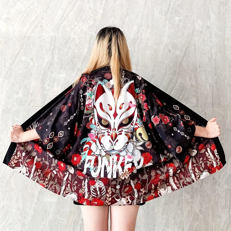 New Japanese Street Kimono Fox Mask Print Women's Kimono Role Play Japanese Jacket Streetwear Japanese Traditional Costume