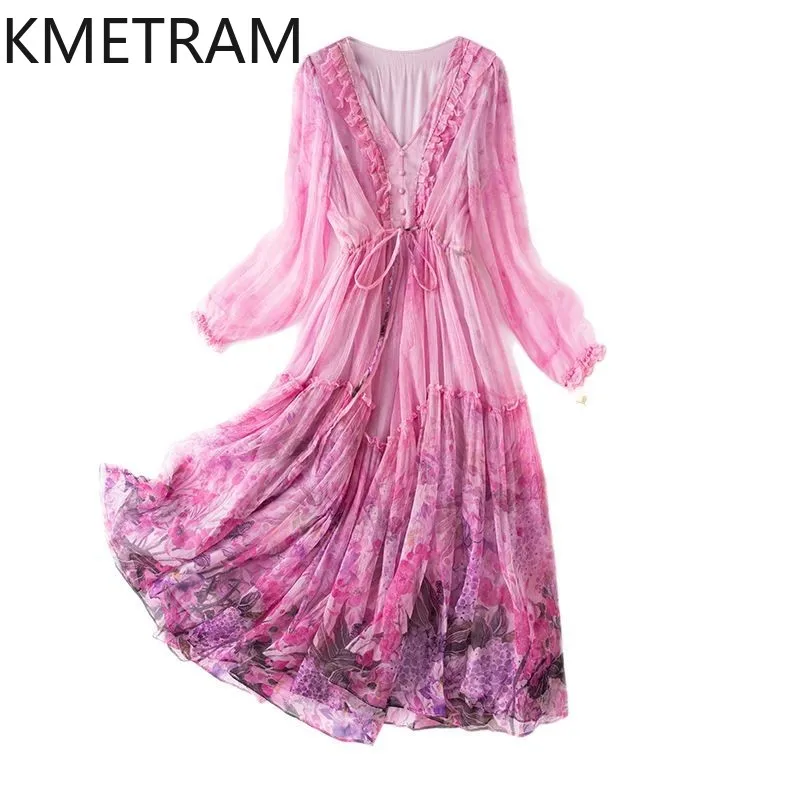 

KMETRAM 100% Natural Mulberry Silk Dress Woman Summer 2025 Vacation Long Dresses V-neck Printed Frocks Ladies Clothes платье