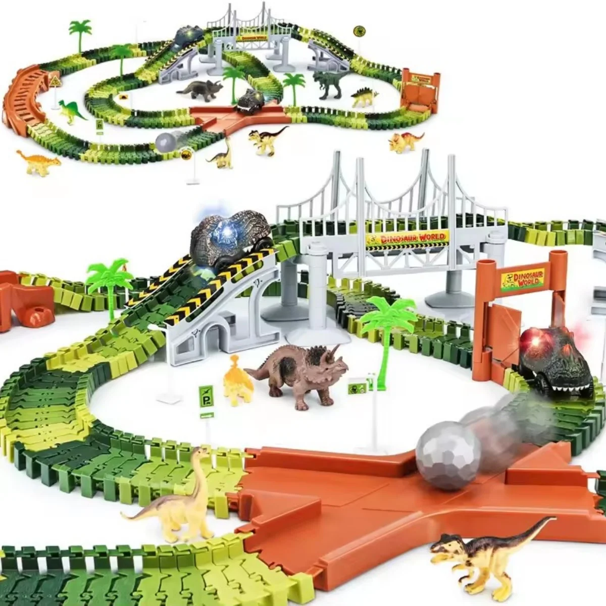 Dinosaur Tracks 244 PCS Create A Dinosaur World , Train Tracks Set with Race Cars and Dinosaur Toys,Christmas Gifts for Kids