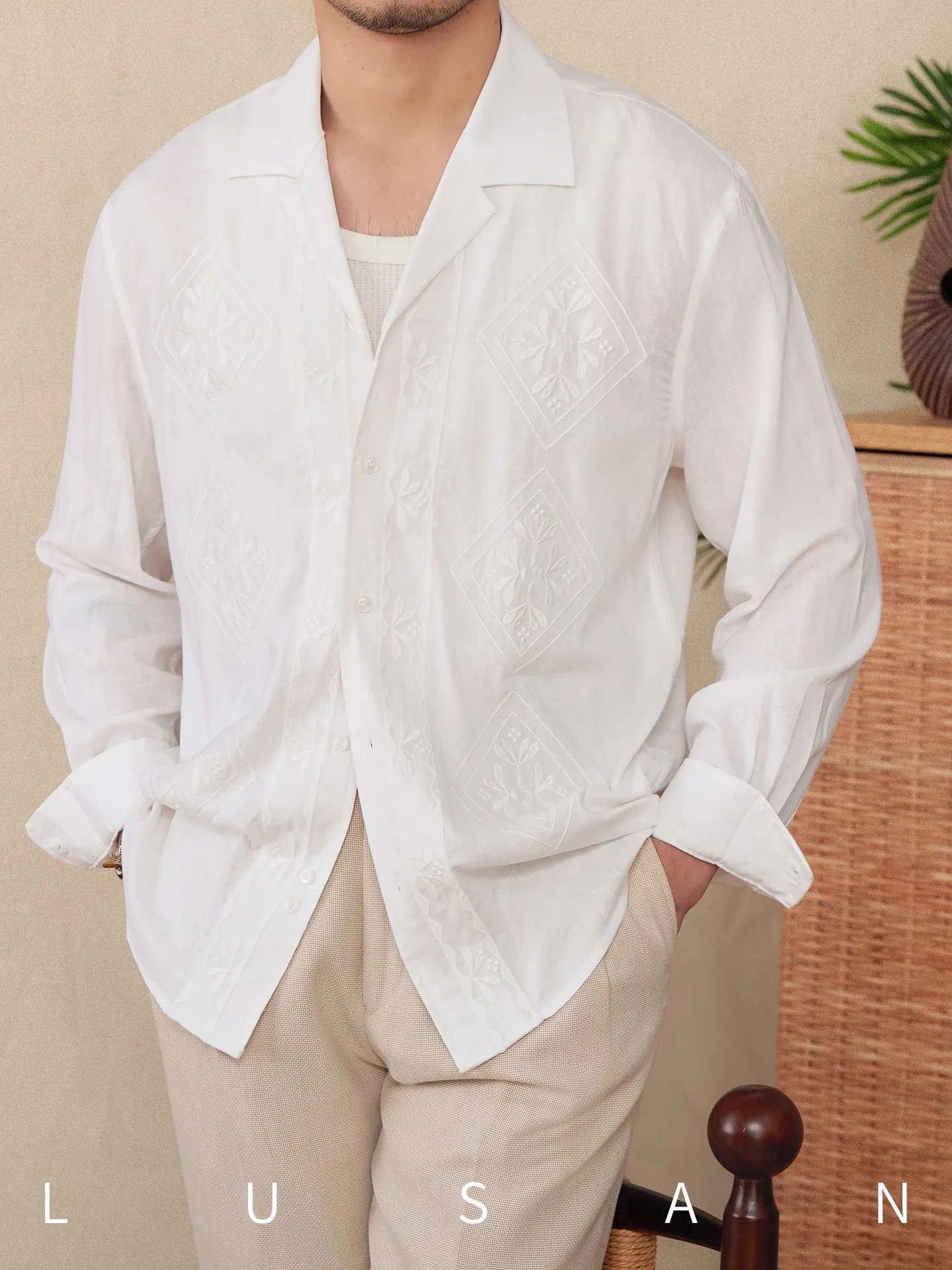 

Vacation Shirt Men's Summer Cotton Linen Long Sleeve Embroidered Cuban Collar Sun Protection Breathable Outdoor Shirt