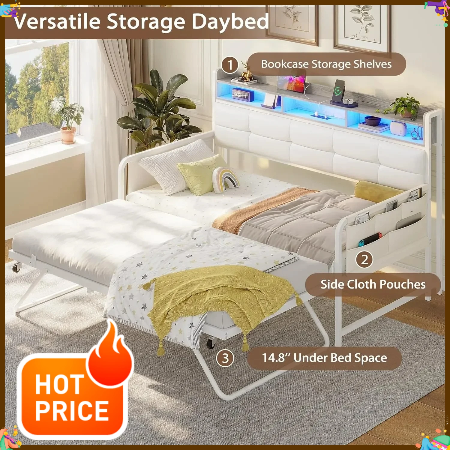 

Хит продаж: Двуспальная кровать-софа с выдвижным спальным местом, с мягким изголовьем и зарядной станцией, металлический каркас с местом для хранения