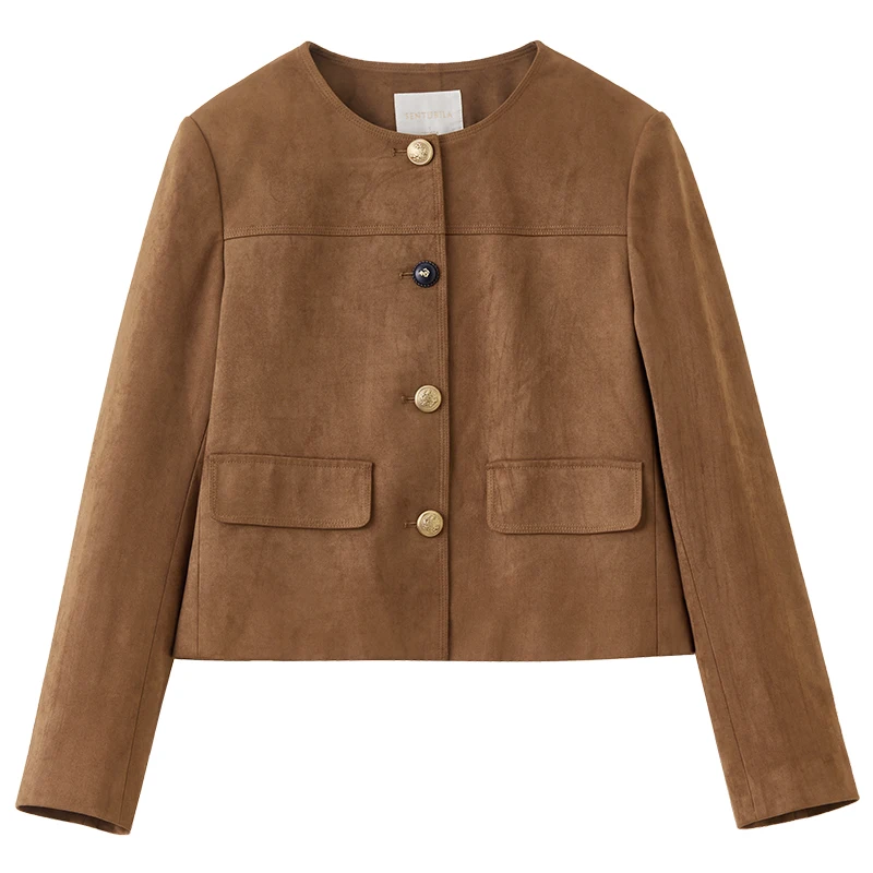 SENTUBILA Women Jacket 2025 Elegant Straight Long Sleeve Female Tops Velvet Embossed Button Coat 153W80383