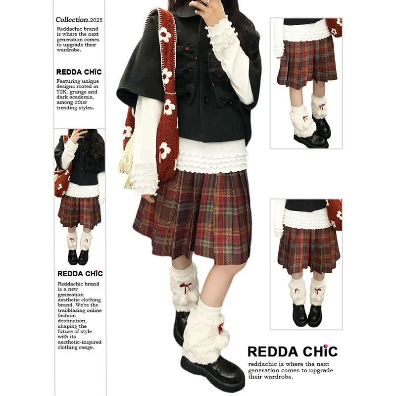 ReddaChic Checkered Knee Long Skirt Vintage High Waist Contrast Tweed A-line Pleated Skirt X-mas JK School Casual Women Clothes