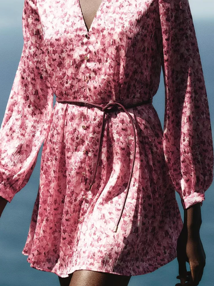 

European and American style spring new fashion trend women's matching belt flower print long sleeve short skirt mini dress