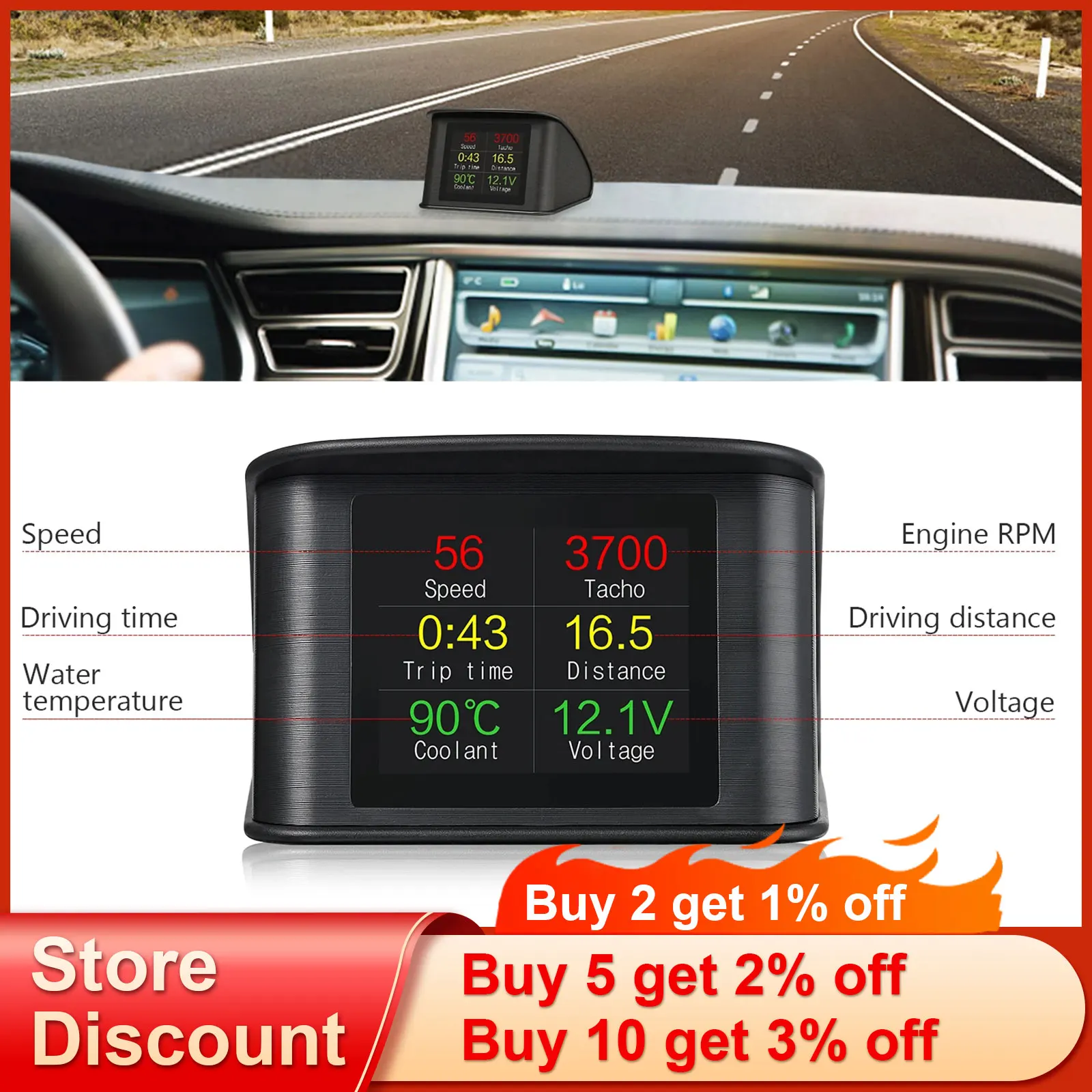 P10 OBD2 Slimme Meter Digitale Hud Head Up Display Voor Auto Snelheidsmeter Temperatuur Rpm Kilometerstand Guage Hud Obdii Auto Diagnostische tool