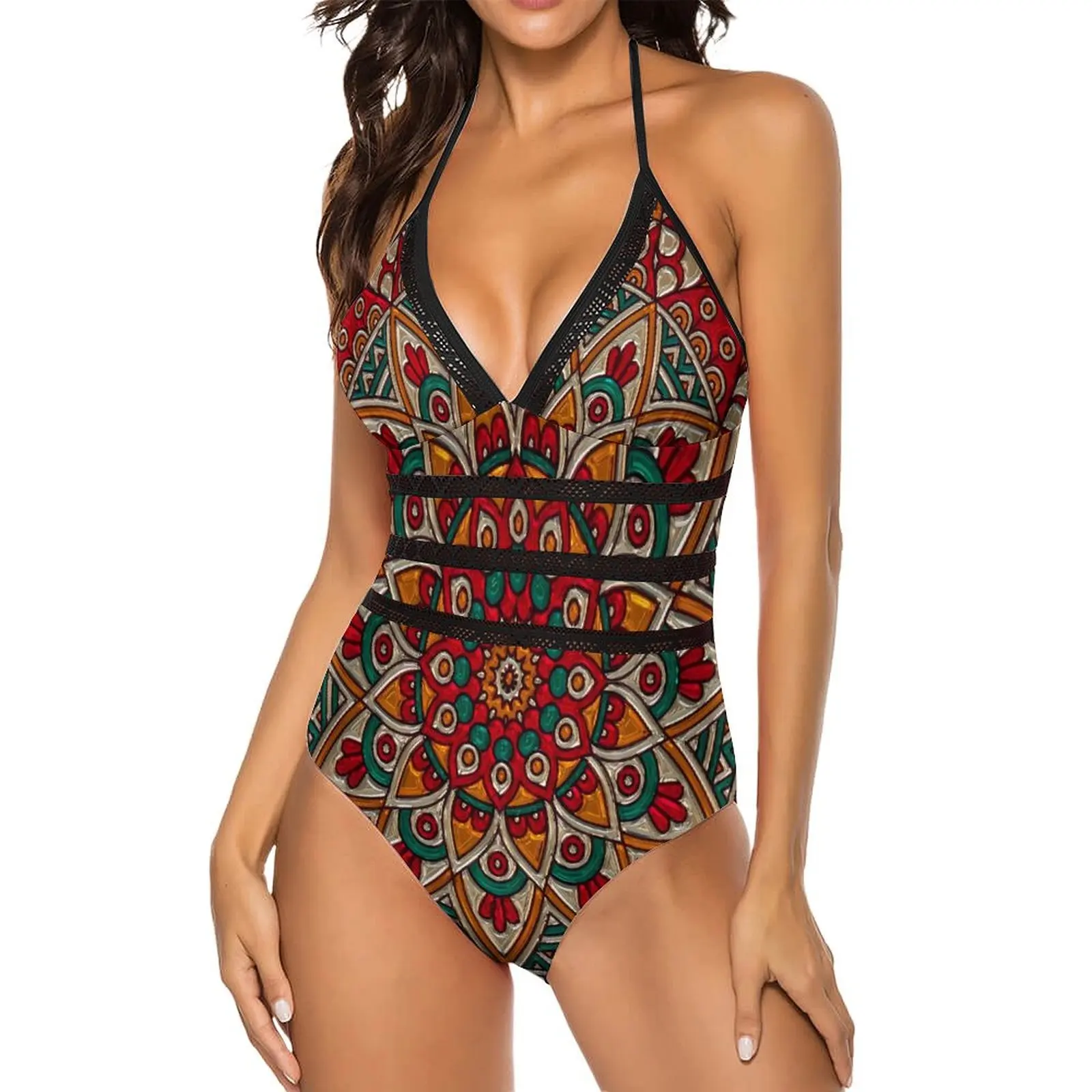 Beautiful Mandala Swimsuit Vintage Floral Funny Swimwear One-Piece Swim Swimsuits Sexy Halter Bathing Suits