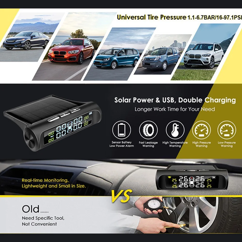 Car TPMS Solar Powered LCD Display Tire Pressure Monitoring System USB Charging External Internal Sensor Auto Alarm Digital