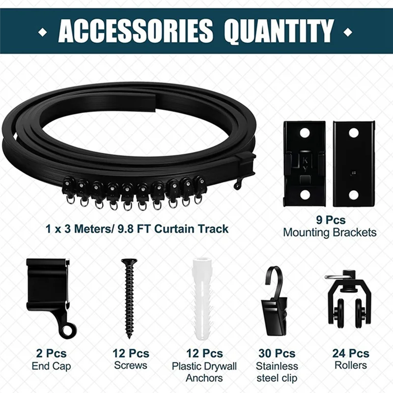 A21I-รางม่านโค้งงอได้แบบยืดหยุ่น, ติดผนังเพดาน, รางม่านบานเลื่อน RV สําหรับงานหนักโค้งสีดํา