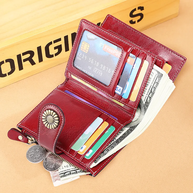 2022 New Short Women Wallets Genuine Leather Zipper Coin Pocket Female Wallet High Quality Card Holder Photo Holder Women Purse