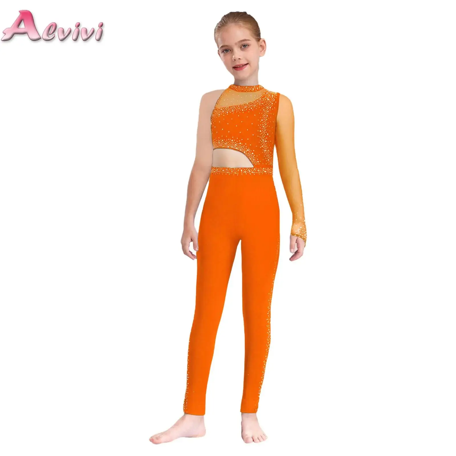 

Kids Girls Gymnastics Figure Skating Dance Costume Sheer Mesh Cutout Jumpsuit Rhinestones Full Body Leotard Ballet Dancewear