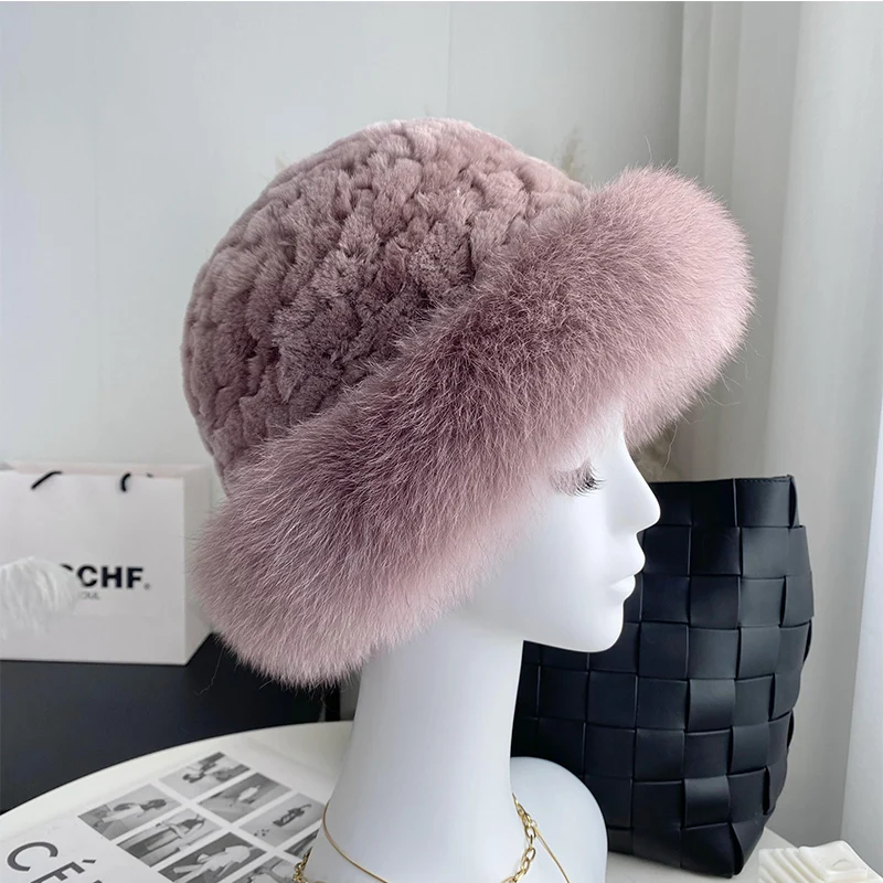 Real Rex Rabbit Fur Hat For Women Winter Luxury Fisherman Beanies Hat With Fox Fur Tide Fluffy Natural Fur Bomber Hat Ladies