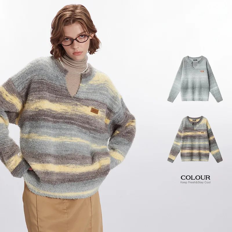 Col en v dégradé conception rayé chandails ample casual automne hiver tricoté pulls coréen à manches longues mode femmes tricots
