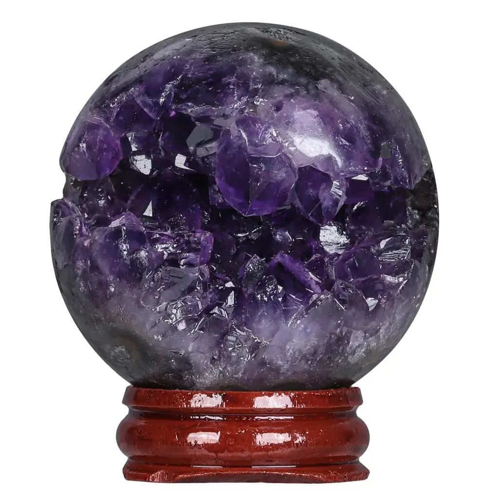 

Natural Amethyst Geode Crystal Ball With Wooden Stand Reiki Healing Cave Sphere For Home Decoration Chakra Balancing