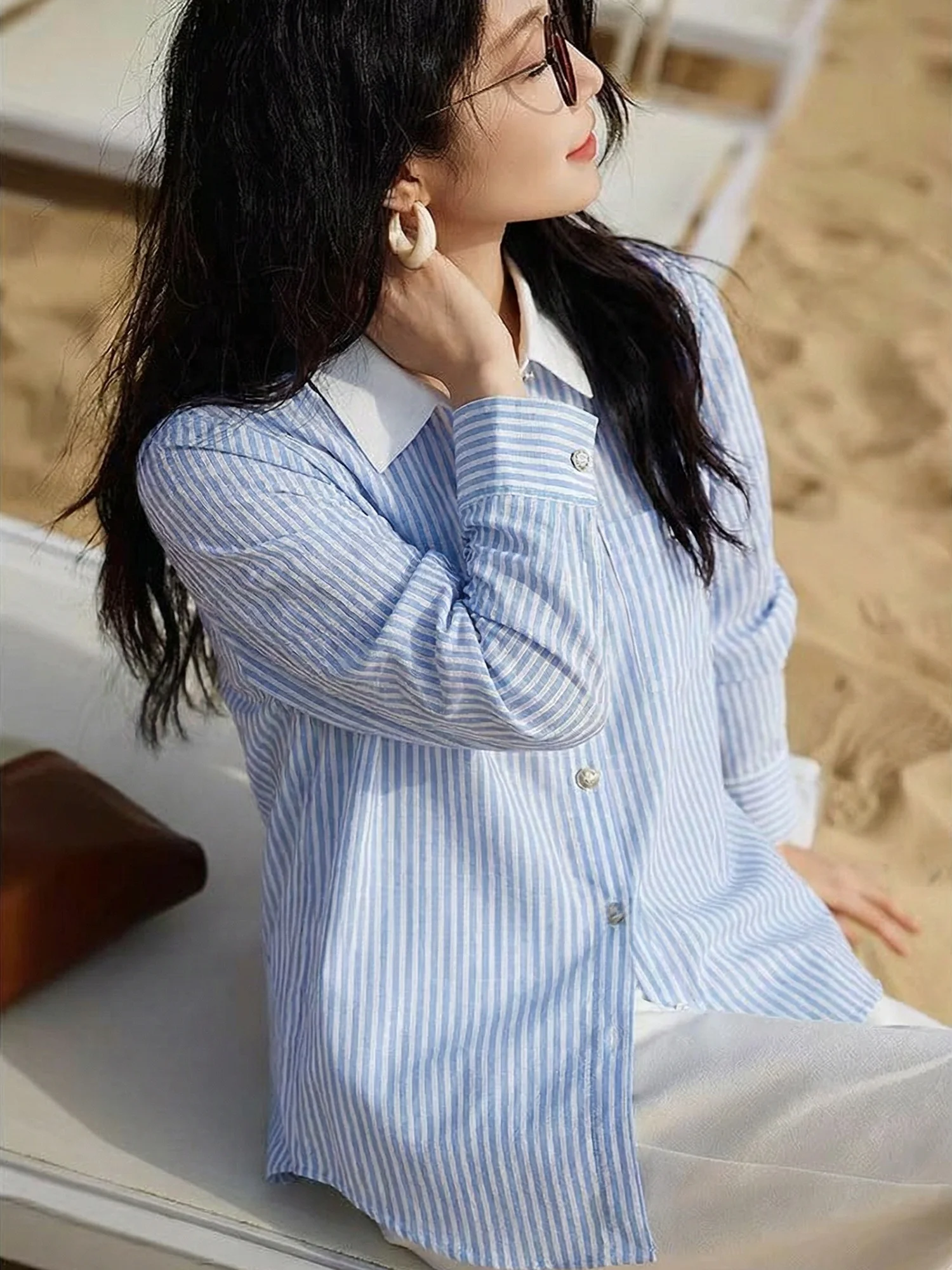 

Женская свободная льняная рубашка Chivirin с длинным рукавом в полоску, весна 2026, для повседневной носки, комфортная, дышащая, модная, женская, размер S