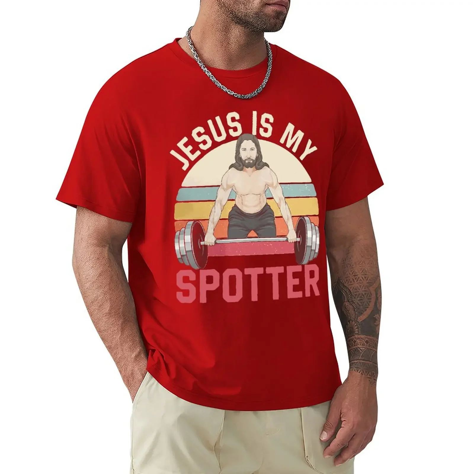 Męska koszulka Jesus Is My Spotter Zabawna chrześcijańska siłownia do podnoszenia ciężarów Vintage 100% bawełniana koszulka Fitness T-shirty Odzież