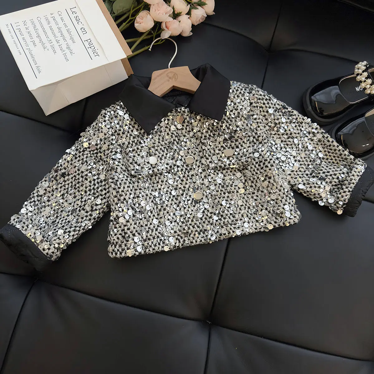 Retail New Baby Girls Fashion Dress Sets, Sequined Coat + Black Dress Princess Elegant Suits Girl 2-7T