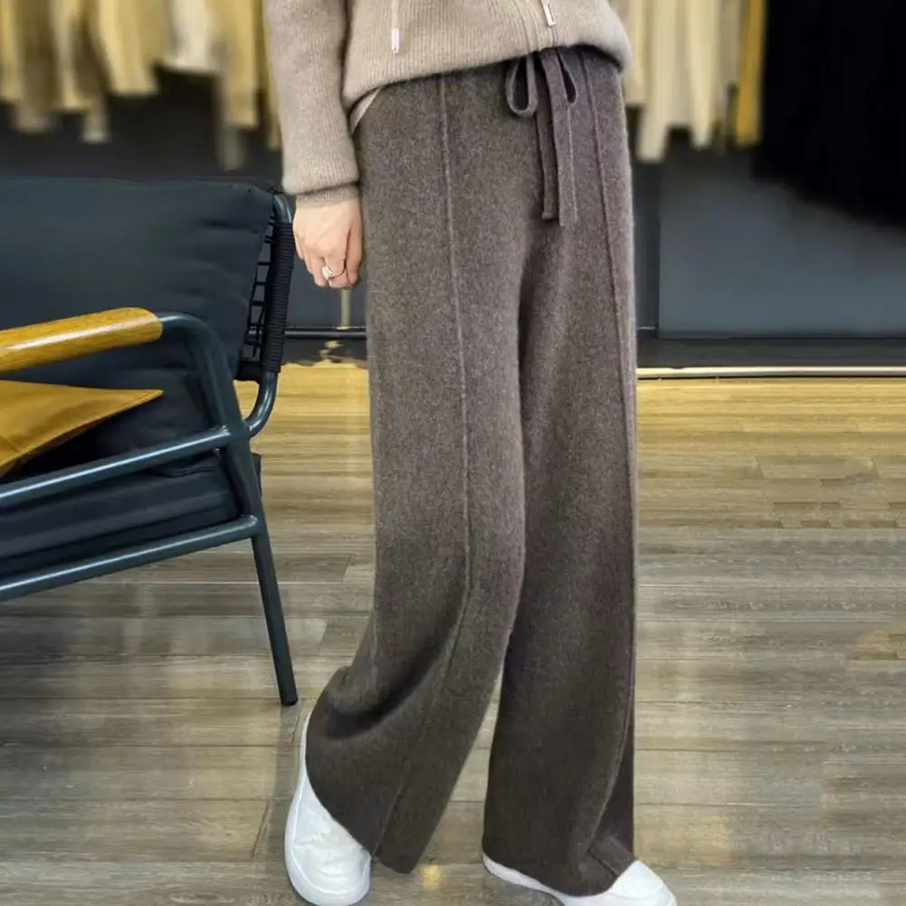 

Women Loose Fit Trousers Cozy Wool Knit Wide Leg Pants with Drawstring High Waist Solid Color Trousers for Women for Winter