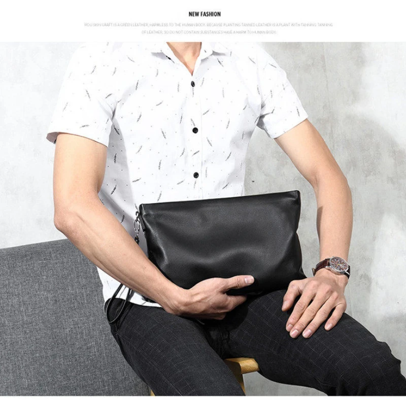 New Genuine Leather Men's Envelope Clutch Bag Large Capacity Business Handbag Wristlet Purse for Daily Commute Travel