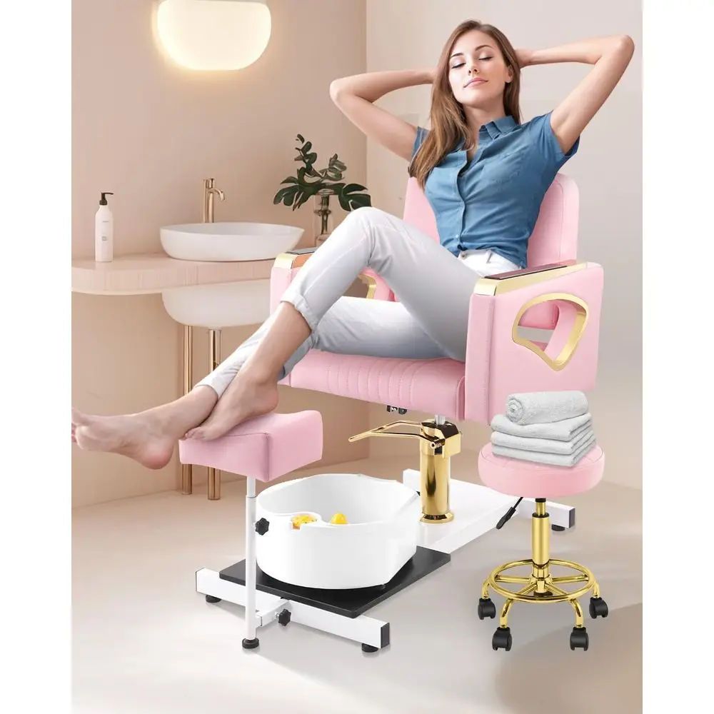 Adjustable Foot Spa Pedicure Chair with Rolling Stool, Portable Station in Pink for Queen