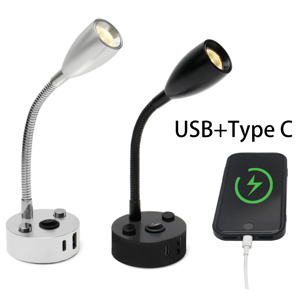 

12V-24V LED RV Reading Light With USB Type-c Fast Charge Flexible Short Flexible Gooseneck Light with Touch Switch