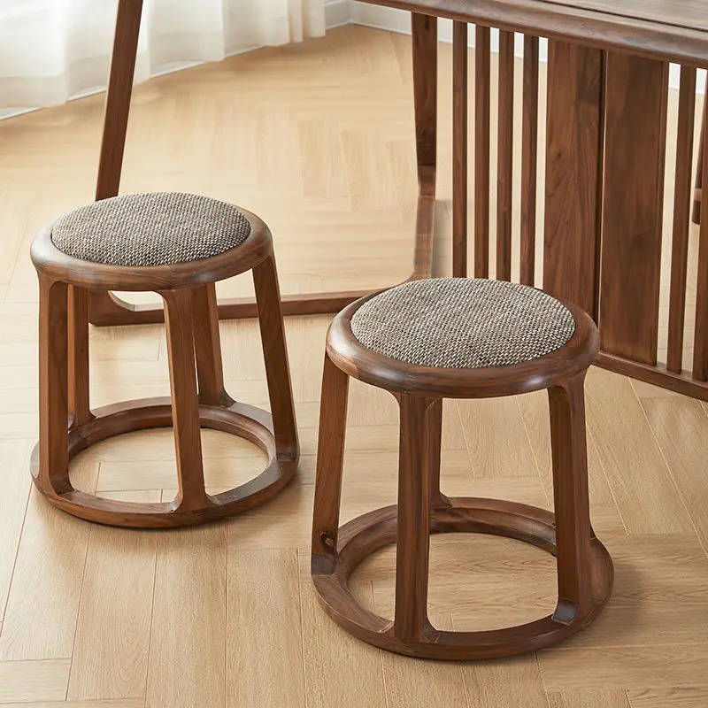 

North American black walnut round stool soft bag fabric shoe changing stool all solid wood new Chinese style restaurant small st
