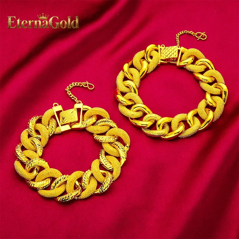 

Мужской широкий толстый браслет EternaGold, 24-каратное золото, AU999 | Традиционная широкая золотая цепочка с рельефными узорами, массивная, для женщин.