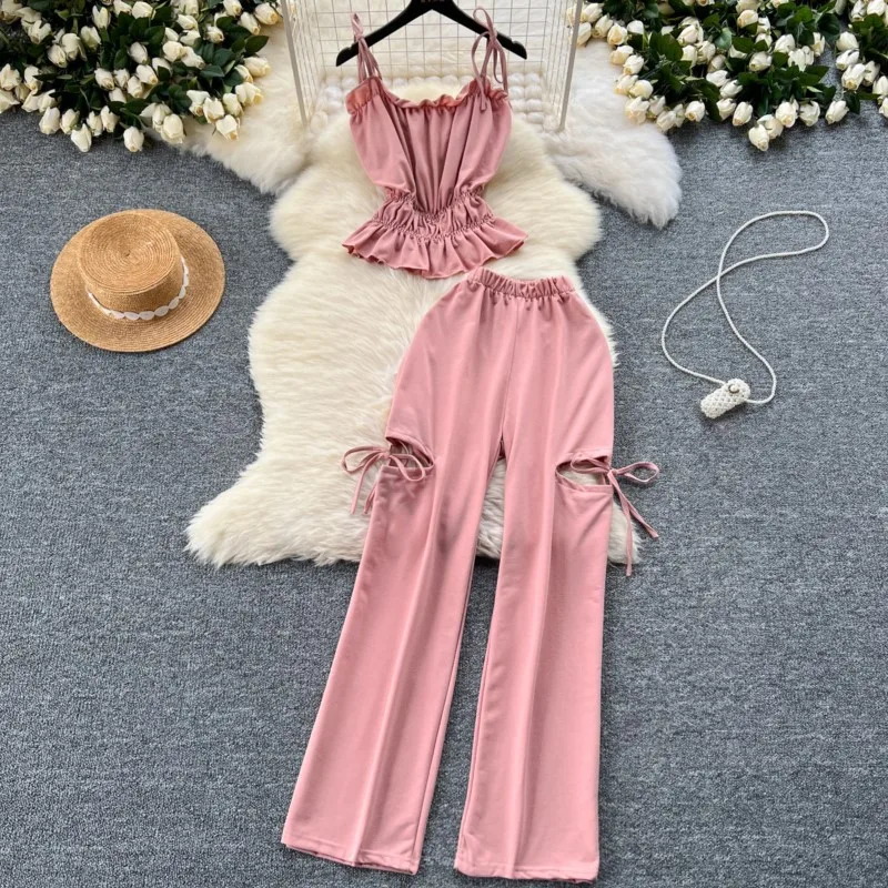 

Summer Women Fashion Elegant Party Casual Pantsuit Sleeveless Vintage Tops and Pants Outfits Female Clothes Sexy Two Pieces Set