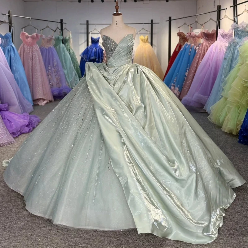 

Light Green Quinceanera Dresses Ball Gown Off The Shoulder Beading Crystal Tull Corset Party Birthday Sweet 16 Dress Vestidos 15