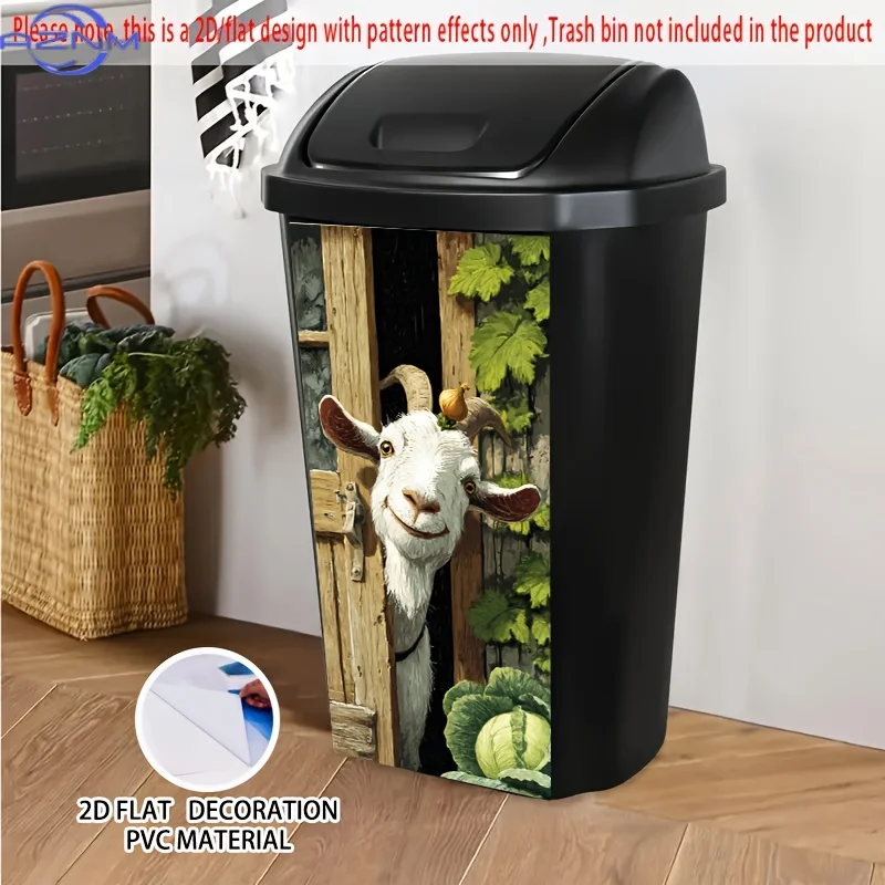 1pc UJoli Self-Adhesive Large Goat Peeking from Door Window Sticker - Cute PVC Decal with Onion-Haired Goat & cabbage Leaf Des