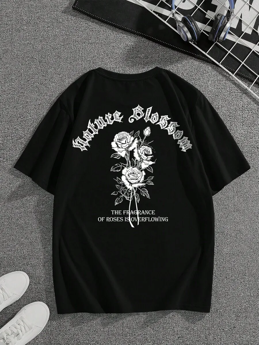 

Black Gothic Floral Graphic Tee with Vintage Roses Print