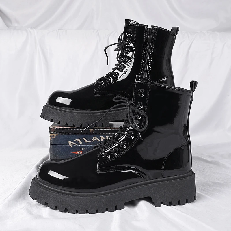 Winter New Leather Men\'s Boots Black Fashion Motorcycle Boots Platform All-match Outdoor Boots Zapatos Para Hombres Male Boats